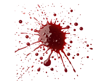 Realistic blood splatter isolated on a white transparent background, PNG cutout style, detailed droplets, messy and chaotic spray pattern