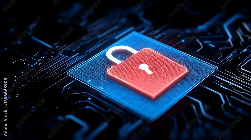 Poster red padlock symbol on digital circuit background representing data security and protection in techno