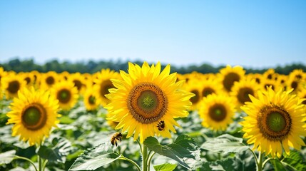 Fototapeta premium Vibrant Field of Sunflowers with Bees in Bright Sunlight Agriculture Landscape Scene