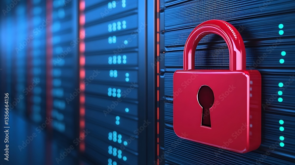 Poster red padlock symbolizing data security protection on digital server background with glowing server in