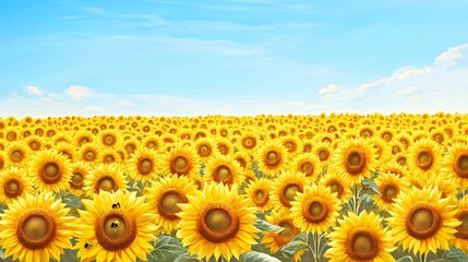 Vivid Sunflower Field with Blue Sky View  Blooming Yellow Flowers Natural Floral Landscape Image