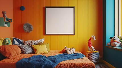 Vivid Bedroom Interior with Decorative Stuffed Animals and Wall Art Square Frame for Mockup Display
