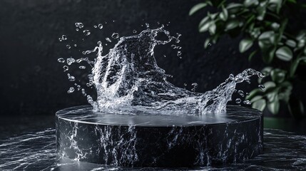 Water Artistry Eruption on Marble Surface Display in Dark Background for Product Showcase Presentation