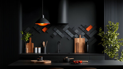 Modern Dark Kitchen with Orange Geometric Tile Backsplash