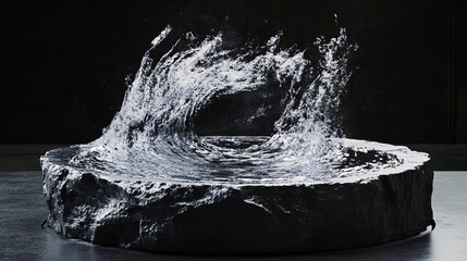 Water Eruption from a Stone Fountain Basin Creates a Circular Wave Motion in Dramatic Light