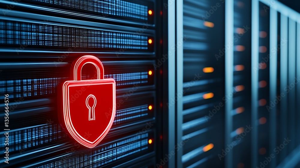 Poster Red Security Lock Symbol on Server Rack Background with Digital Data Streaming in Cybersecurity Environment