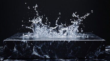 Water Splash on Marble Platform Under Black Backdrop Creating Mesmerizing Liquid Art Display