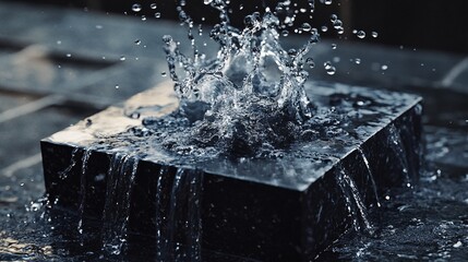 Water Splash on Stone Cube High Speed Photography Capturing Motion and Detail for Modern Art Design