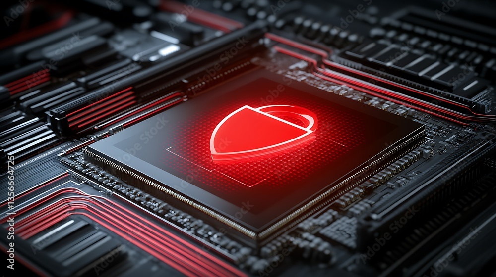 Wall mural red shield symbol on a detailed circuit board background representing cybersecurity and digital prot