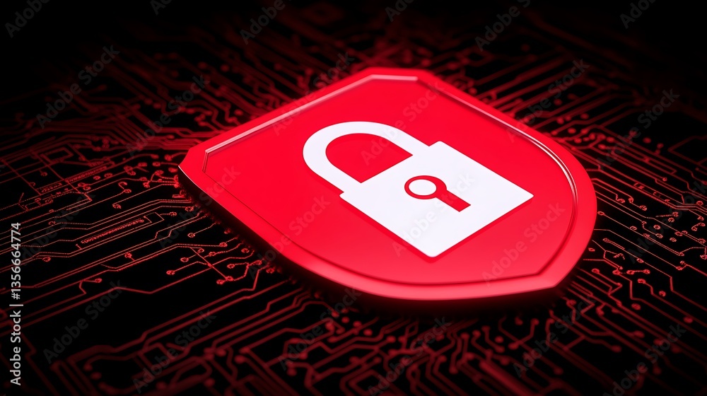 Poster red shield with lock symbol on digital circuit background representing cybersecurity and data protec