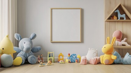 Whimsical Nursery Scene with Toys Frame Mockup and Pastel Colors for Baby Room Display Design