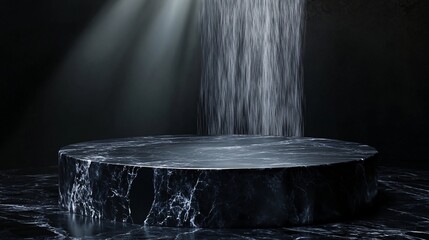 Abstract Marble Podium With Flowing Liquid Under Spot Lighting for Showcase and Exhibition Backdrop