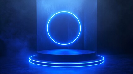 Abstract Neon Circle Light on Platform Scene Futuristic Glow Showroom Backdrop Visual Presentation