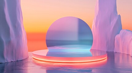 Abstract Podium Display Platform and Geometric Shape Elements with Sunrise Gradient Background Art