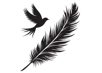 vector silhouette of a feather with flying bird logo, feather with flying bird logo icon, feather with bird logo design black animal, black feather with flying bird silhouettes on white background