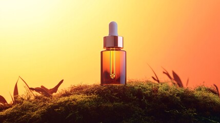 Amber Essence in Natural Light Serum Bottle Display on Moss Bed for Health and Beauty Products Promotion