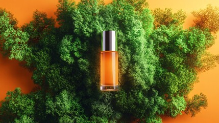 Amber Essence Elixir Fragrance Display with Verdant Moss on Warm Orange Backdrop Evoking Natural Aroma