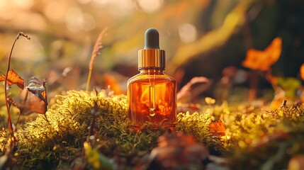 Amber Essential Oil Dropper Bottle on Mossy Forest Floor in Warm Autumn Sunlight Nature Remedy Potion
