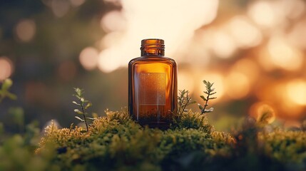 Amber Glass Bottle on Mossy Terrain Natural Medicine Holistic Wellness Serene Forest Backdrop