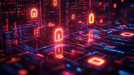 Obraz premium A vibrant digital landscape featuring glowing locks, symbolizing cybersecurity and data protection within a high-tech environment.
