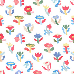 Gouache flowers seamless pattern. Isolated elements on a white background. Cute blooming field. Handmade.