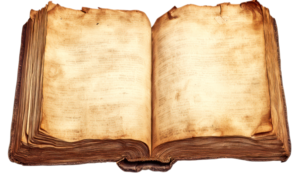 Aged Pages of an Old Book Show Details of History and Time Isolate on Transparent Background, cutout, png