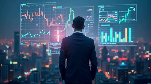 Financial trader analyzing market data dashboard with illuminated graphs, charts, candlestick patterns, metrics, statistics and performance analytics against nighttime urban cityscape backdrop