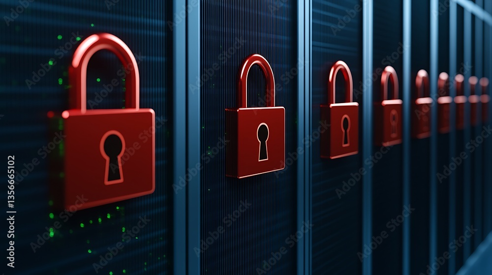 Poster rows of digital security locks on server racks representing strong cybersecurity measures and data p