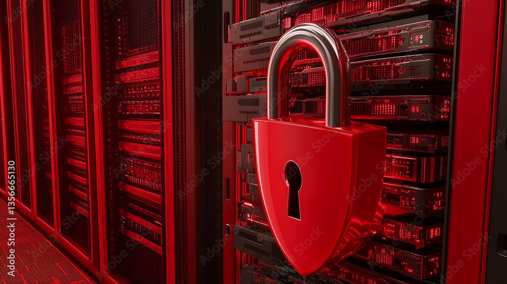 Poster secure data center lock with digital technology background featuring red light and server racks