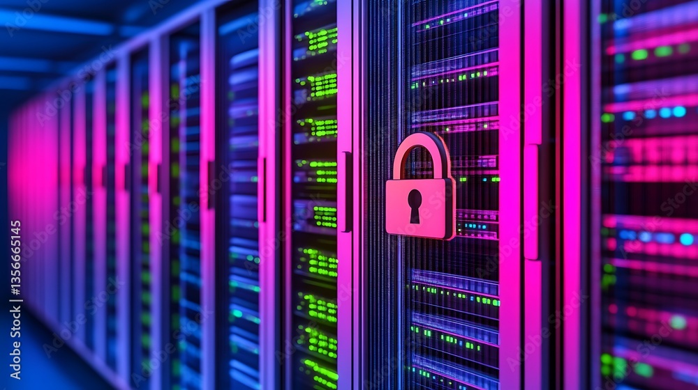 Poster secure data center with colorful server racks and digital lock symbol representing cybersecurity and