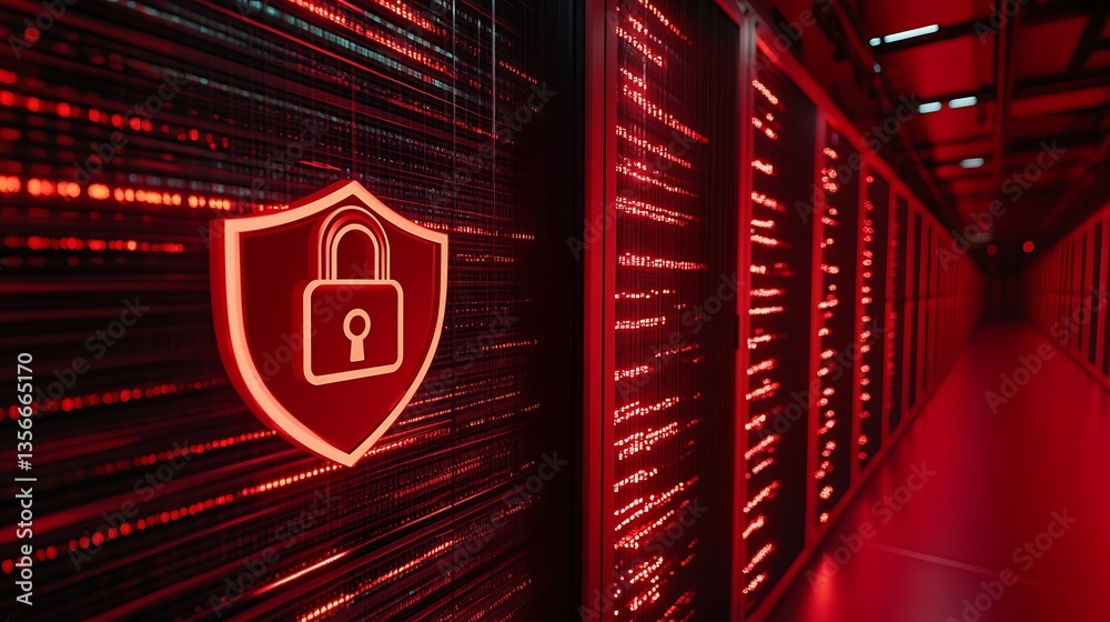 Poster secure data center with digital lock symbol and red light technology representing cybersecurity and 