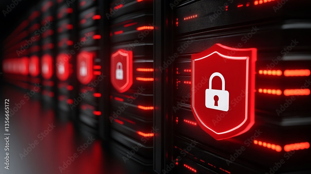 Poster secure data center with lock icons representing cybersecurity and data protection solutions in moder