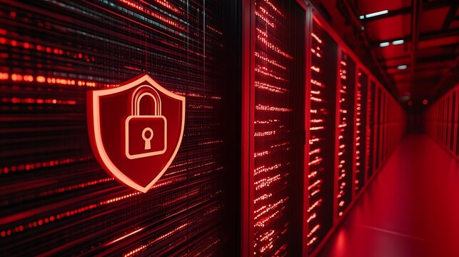 Secure Data Center with Digital Lock Symbol and Red Light Technology Representing Cybersecurity and Protection