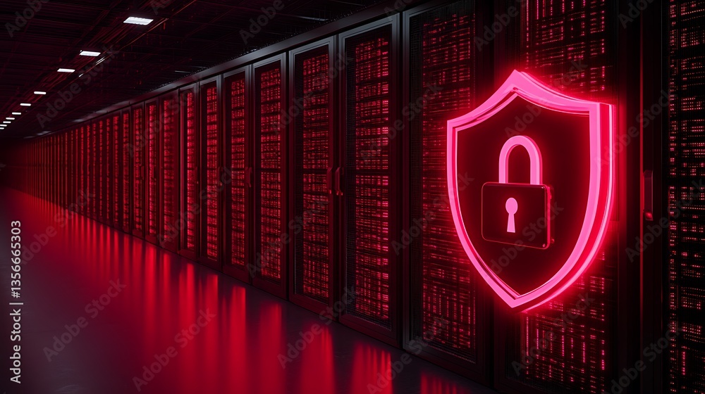 Poster secure data center with neon lock symbol and red lighting in server room environment for cybersecuri