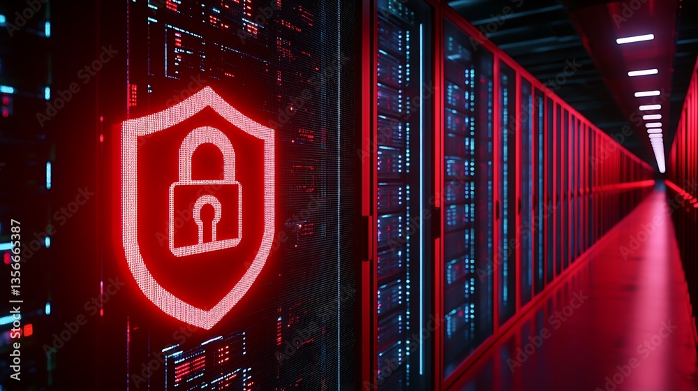 Poster secure data center with red lighting and digital lock icon representing cybersecurity and data prote
