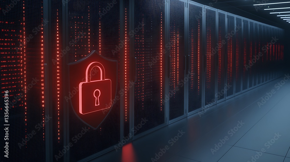 Poster secure data center with red lock symbol representing cybersecurity and data protection measures in t
