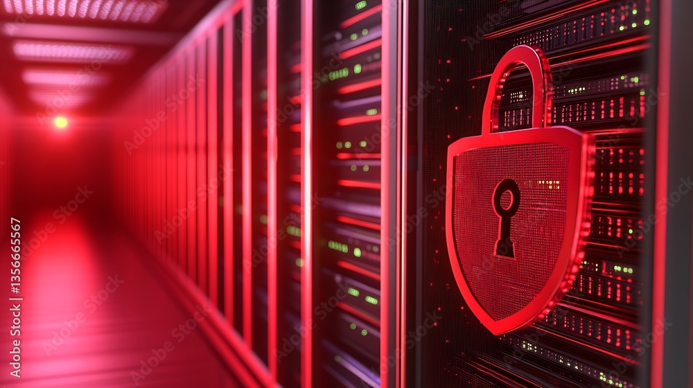 Poster secure data server visualization with padlock symbol and red lighting in data center environment
