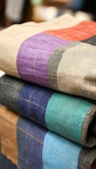 Fototapeta premium Stack of colorful, patterned fabric rolls. Soft textures and rich hues.