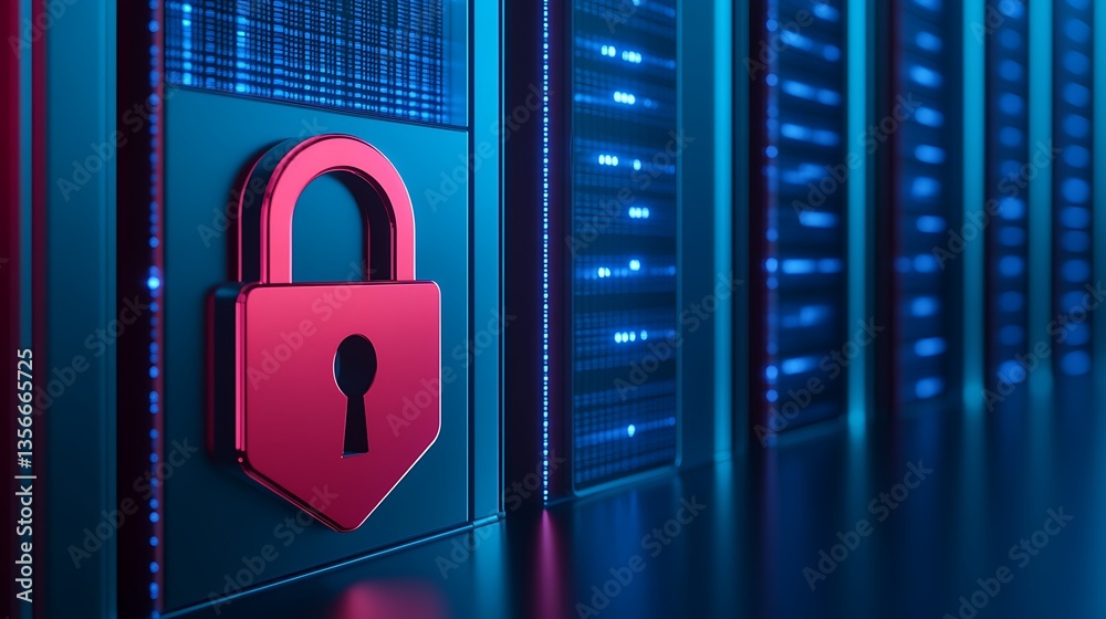 Poster secure data storage concept with lock symbol on server rack in modern data center environment