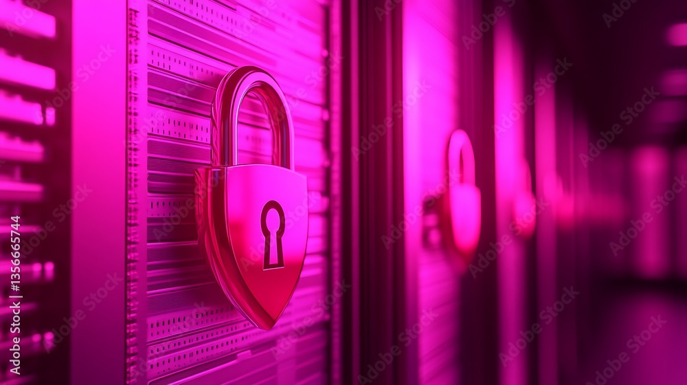 Poster secure data storage concept with padlock on server in pink light environment