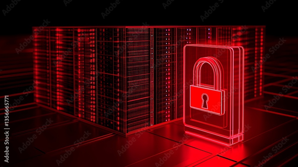 Poster secure data storage concept with red lock symbol and server background for cybersecurity themes