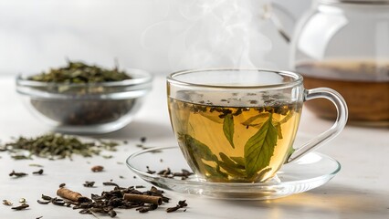 Glass cup of hot aromatic tea on white background