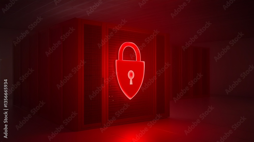 Poster secure data storage facility with red neon lock symbol representing cybersecurity and data protectio