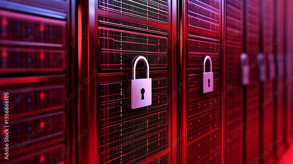 Poster secure data storage with locked server racks in a futuristic digital environment for cybersecurity c
