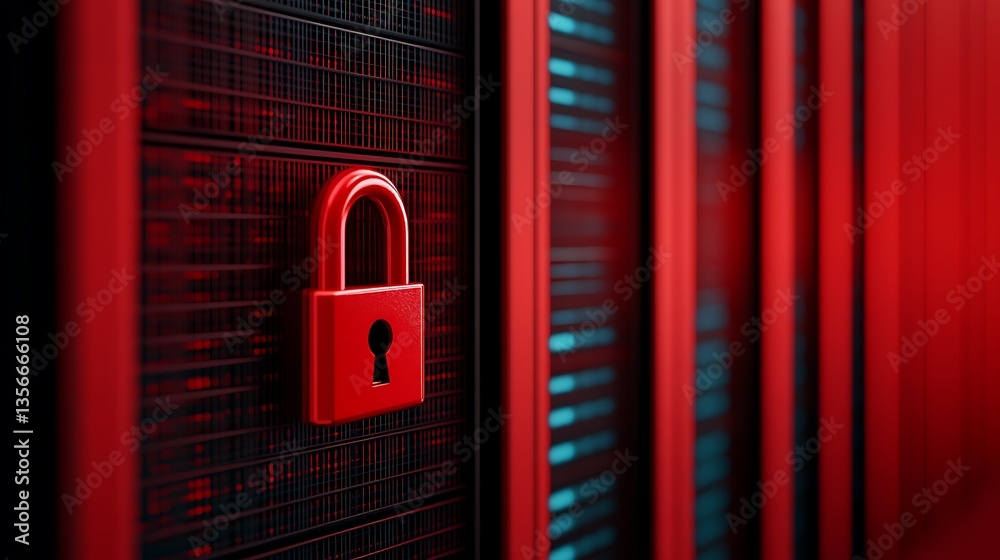 Poster secure data storage with red lock on server rack, protecting digital information and privacy in tech