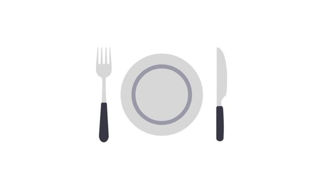 Fork and knife on empty plate 3d animation 