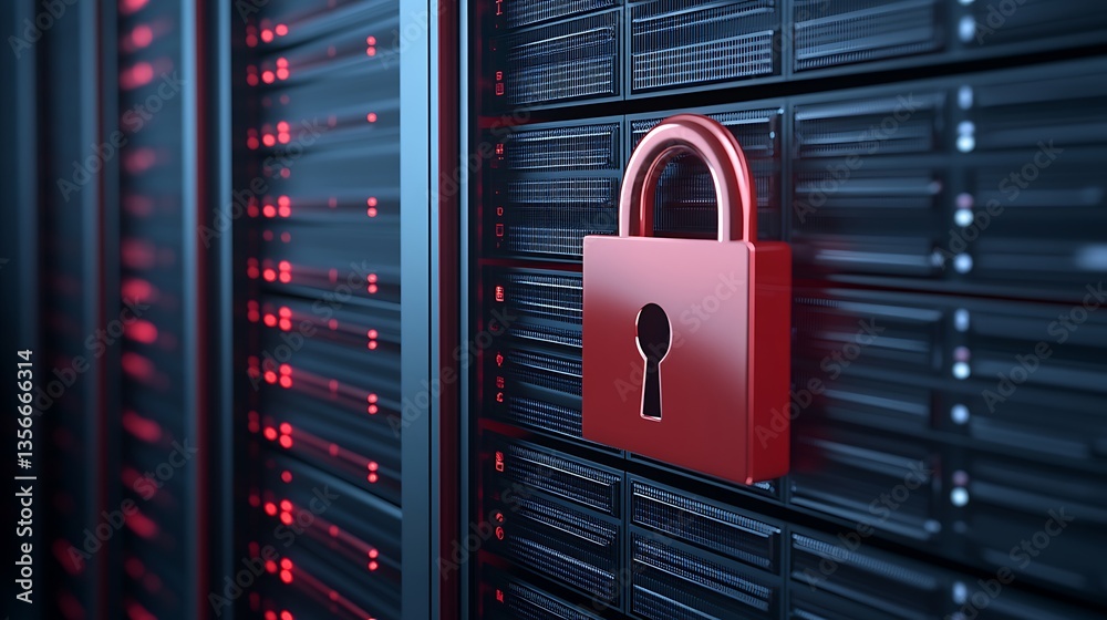Poster secure digital data storage with lock symbol on server rack background in a modern technology enviro