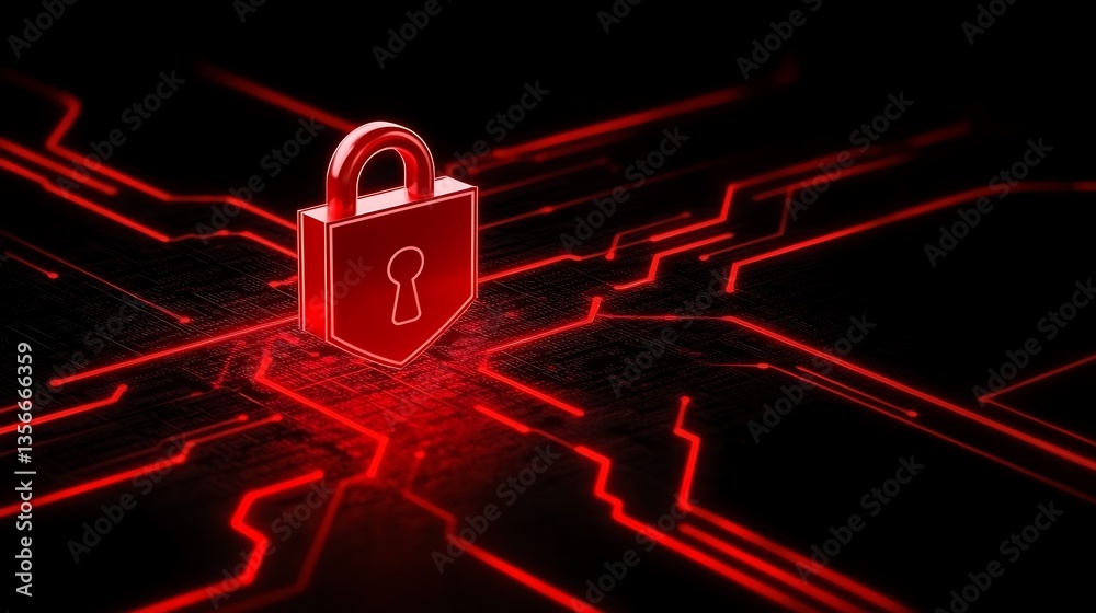 Poster secure digital lock icon on abstract red circuit board background for cybersecurity concepts