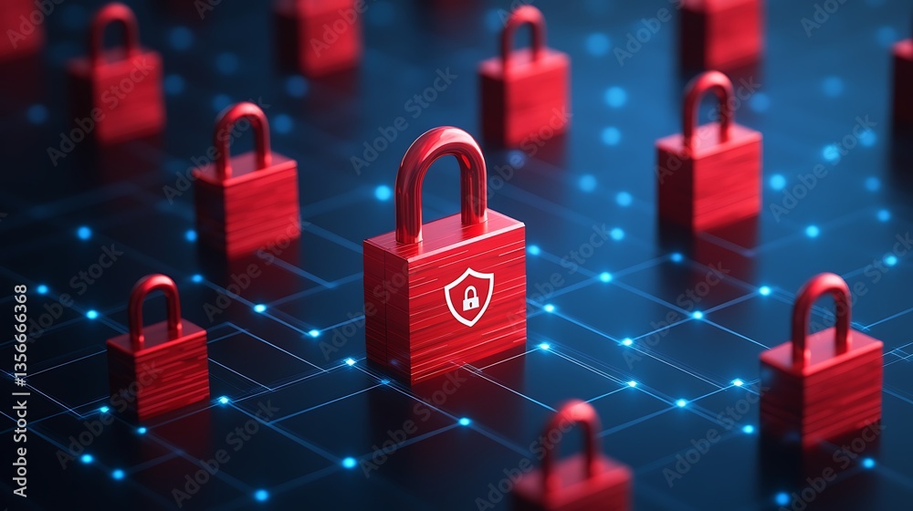 Poster secure digital environment with red locks representing cybersecurity and protection of information a