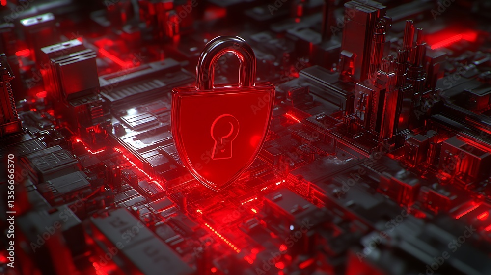 Poster secure digital lock on a high-tech circuit board with glowing red lights representing cybersecurity 